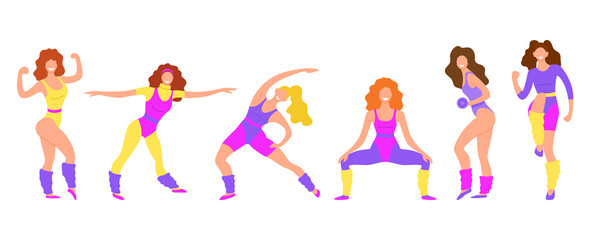 Poster - Cartoon Color Character Person Eighties Girl Aerobics Set Concept. Vector