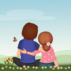 Sticker - illustration of embraced couple sitting on the grass