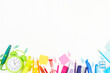 back to school, multicolored school supplies, rainbow on white background, flatley, copyspace