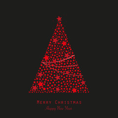 Wall Mural - Made of shining red stars Christmas tree vector illustration. Happy new year greeting card black background