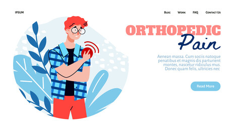 website template with orthopedic pain header and man suffering from pain in shoulder joint, flat car