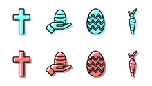 Set Line Easter Egg, Christian Cross, Human Hand And Easter Egg And Carrot Icon. Vector.