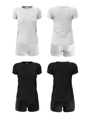 Wall Mural - Women's sportswear in black and white, front and back view. T-shirt and shorts. Sports uniform. 3d realistic illustration of the template, mock up isolated on a white background.