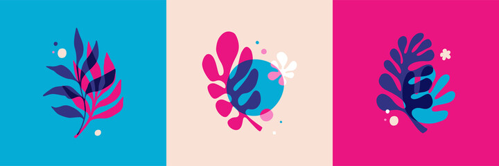Aufkleber - Vector set of abstract floral backgrounds with copy space for text in red and blue colors with effect of overprinting. Templates with leaves and plants for posters, social media posts wallpapers 