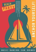Sailboat Poster Design With Big Blue Guitar Symbol. Summer Party Vector Illustration.