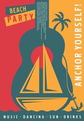 Sailboat poster design with big blue guitar symbol. Summer party vector illustration.