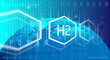 HYDROGEN: FUEL OF THE FUTURE. Elemental hydrogen concept from the periodic table of chemical elements. Light blue background.