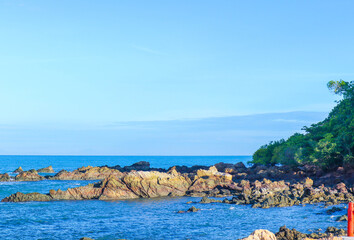 Mountain sea beach landscape. Sea beach in mountains. Mountain sea beach view