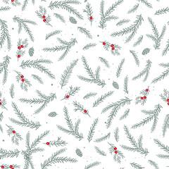 Cute hand drawn seamless pattern with candles, branches and christmas decoration - x mas background, great for textiles, banners, wallpapers - vector design