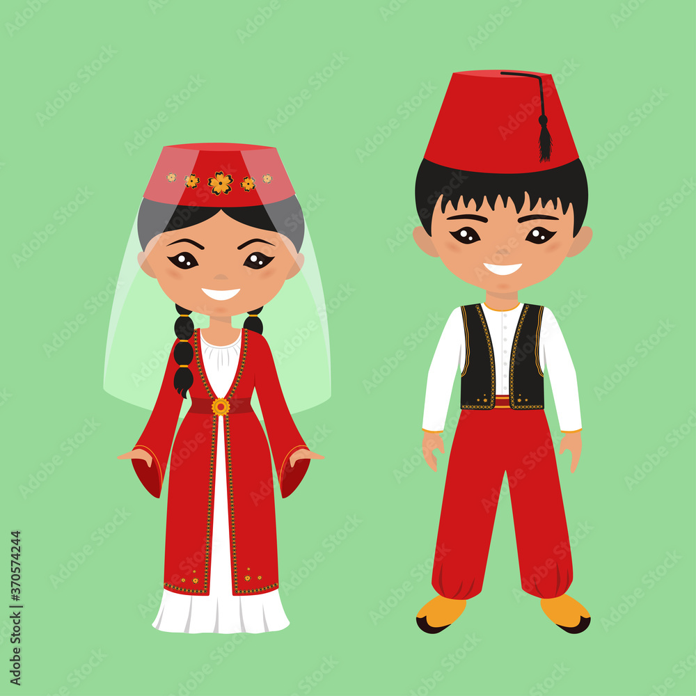 Cute chibi characters in national Turkish costume. Flat cartoon style ...