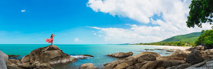 Wall Mural - Wide panorama traveler woman in dress stand on rock joy nature scenic landscape Sichon beach, Panoramic view tourist travel thailand summer holiday vacation, Tourism beautiful destinations place Asia