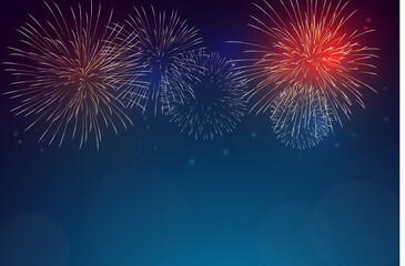 Colorful firework on twilight blue background. Fireworks for festive event.