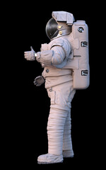 Wall Mural - astronaut showing thumbs up, standing spaceman isolated on black background
