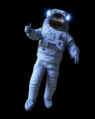 Wall Mural - astronaut showing thumbs up, isolated on black background