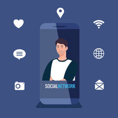 Sticker - social network, young man in smartphone with social media icons vector illustration design