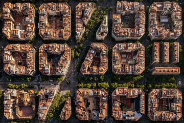 Wall Mural - Aerial view of typical buildings of Barcelona cityscape from helicopter. top view, Eixample residencial famous urban grid