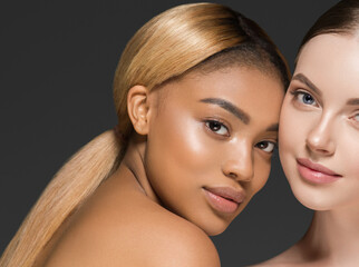 African caucasian beauty women two portrait. Clean skin ethnic concept