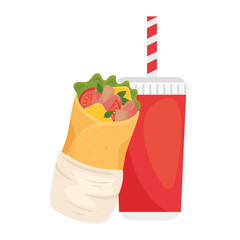 Poster - burrito mexican food with drink on white background vector illustration design