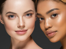African Caucasian Beauty Women Two Portrait. Clean Skin Ethnic Concept