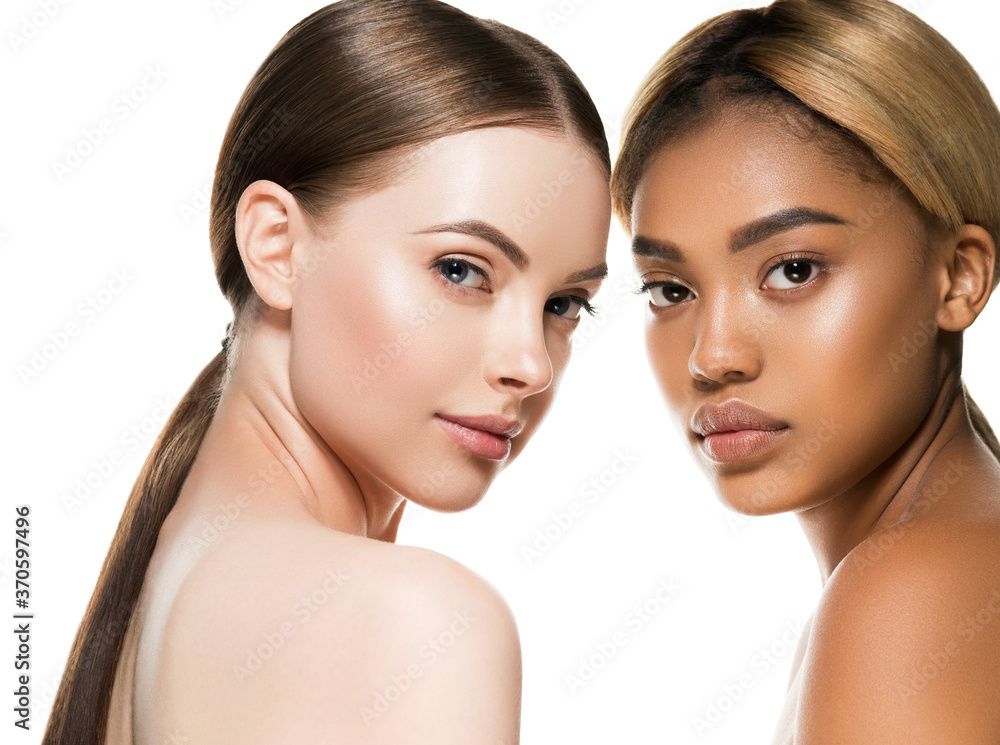 Different ethnic american african and caucasian woman beauty face portrait - obrazy, fototapety, plakaty 