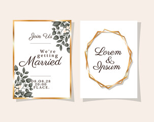 two wedding invitations with gold frames flowers and leaves design, Save the date and engagement theme Vector illustration