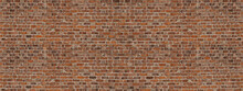 Vintage Red Brick Masonry Building Wall, Brick Fence Wall, Background For Design. Background Of Old Exposed Dirty Brick Wall, Texture. Long And Wide Shabby Building Facade. Abstract Banner, Copy Space