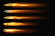 Flying bullets with fire and smoke traces. Vector realistic set of fired bullets different calibers fired from weapon, gun or pistol with smoke trail isolated on transparent background
