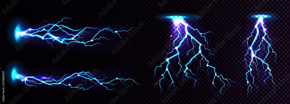 Electric lightning strike, impact place, plasma or magical energy flash in blue color isolated on black background. Powerful electrical discharge, Realistic 3d vector illustration - obrazy, fototapety, plakaty 