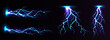 Electric lightning strike, impact place, plasma or magical energy flash in blue color isolated on black background. Powerful electrical discharge, Realistic 3d vector illustration