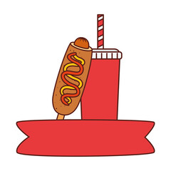 Sticker - fast food corn dog with drink on white background vector illustration design