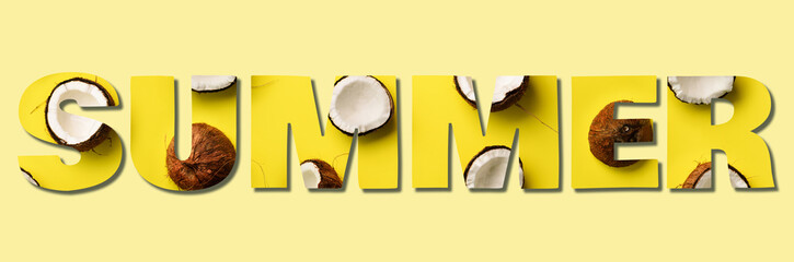 Wall Mural - inscription summer made with ripe coconuts on yellow background. text for your design. pop art desig