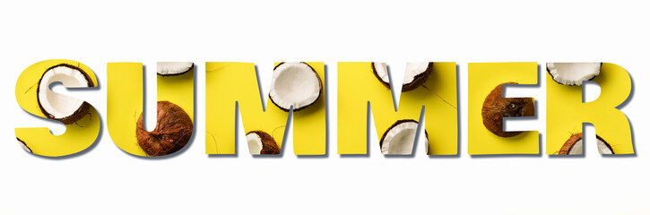 Wall Mural - inscription summer made with ripe coconuts on yellow background. text for your design. pop art desig