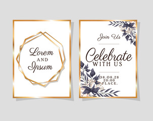 Wall Mural - two wedding invitations with gold frames flowers and leaves on blue background design, Save the date and engagement theme Vector illustration