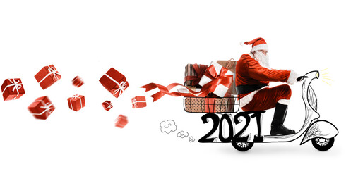 Wall Mural - Santa Claus on scooter delivering Christmas or New Year 2021 gifts at orange background