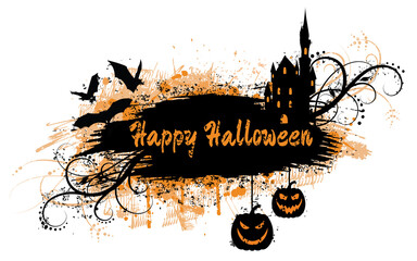 Grunge halloween banner with bats and pumpkins and Happy Halloween text. Isolated on white.