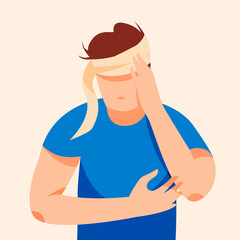 Bandaged man holding his sore head vector illustration. Rehabilitation after a stroke design element. Head trauma, migraine, skull fracture in flat cartoon style.