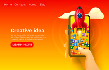 Creative idea rocket space, mobile start-up, web site banner design. Vector