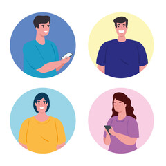 Sticker - group people using smartphone, social media and communication technology concept vector illustration design