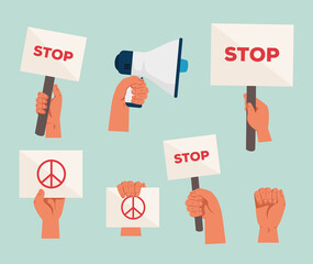 Poster - set icons of hands with placards and megaphone for protest vector illustration design