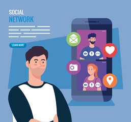 Canvas Print - social network, people connected in smartphone, interactive, communicate and global concept vector illustration design