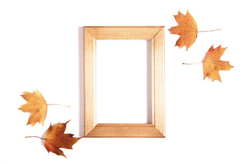 Wall Mural - Autumn creative composition. Photo frame, dried leaves on white background. Fall concept. Autumn background. Flat lay, top view, copy space