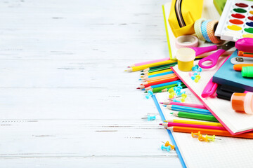 Wall Mural - School supplies on white wooden table