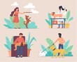 © Rudzhan - Pets concept with four scenes with dogs playing with a stick, at home, out walking and at the vet, colored vector illustration