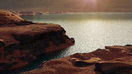 Wall Mural - jezero crater on planet mars, liquid water in early martian landscape