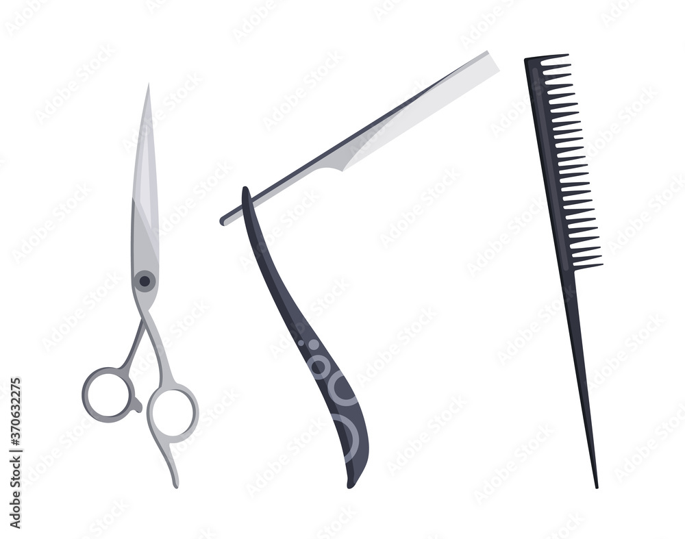 Barbershop equipments. Vintage barber shop set items. Scissors razor ...