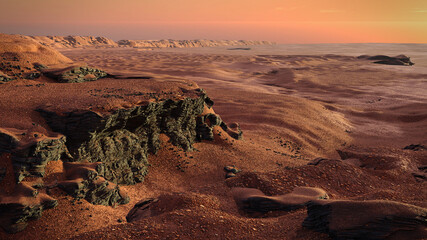 Wall Mural - jezero crater on planet mars, martian landscape with ancient river bed