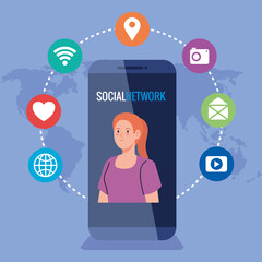 Canvas Print - social network, woman in smartphone, social media icons connected for digital, interactive, communication and global concept vector illustration design