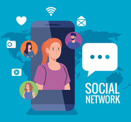 Poster - social network, people with smartphone and social media icons, interactive, communication and global concept vector illustration design