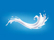 Realistic milk splash. Pouring white liquid or dairy products. Sample advertising realistic natural dairy products, yogurt or cream, isolated on blue background