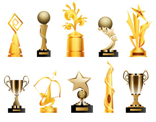 awards and trophy cups. triumph sport awards and prizes, winner trophy gold cup illustration. best c